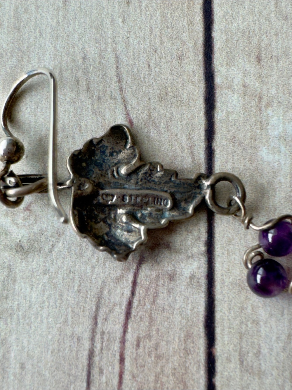 Grape Leaf Motif Drop Earrings with Amethyst Beads - Purple - Picture 4 of 4